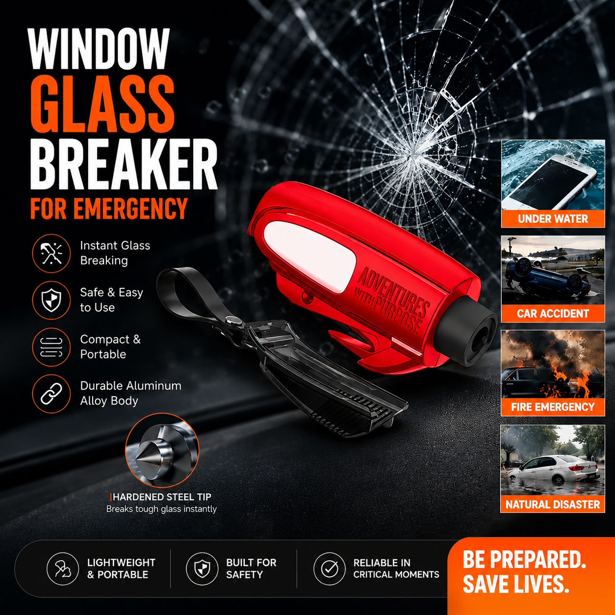 Car Safety Hammer | Emergency Window Breaker & Seat Belt Cutter