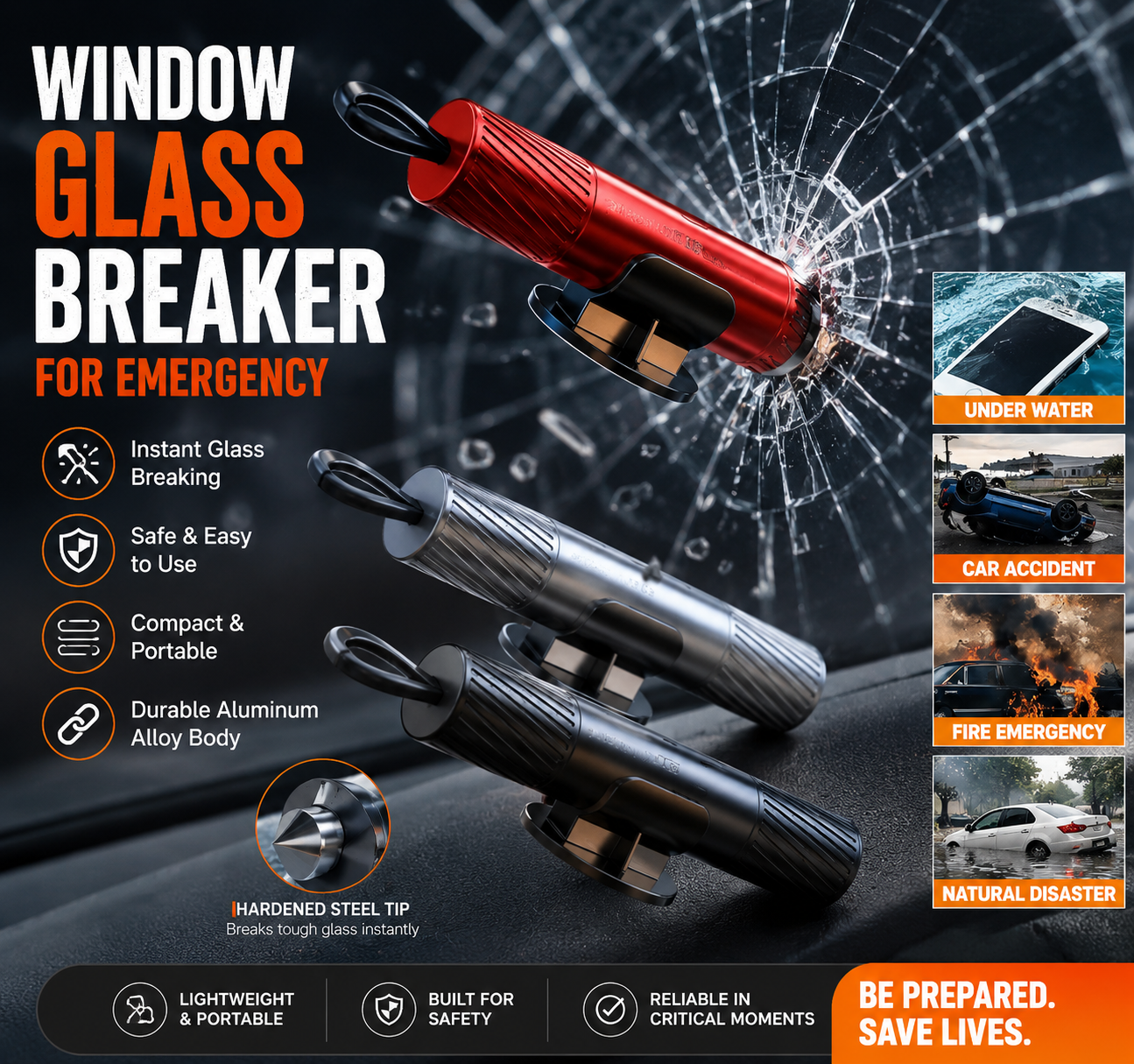 Car Safety Hammer | Emergency Window Breaker & Seat Belt Cutter