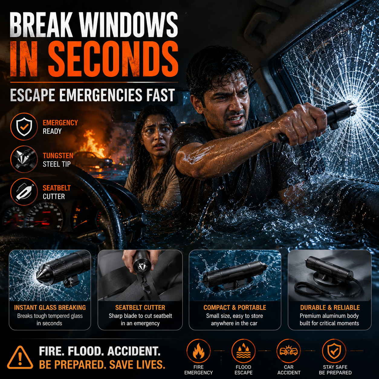 Car Safety Hammer | Emergency Window Breaker & Seat Belt Cutter